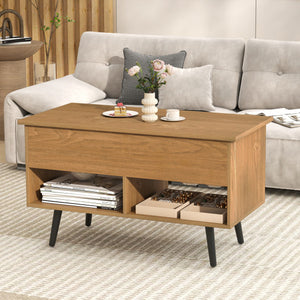 31.5 Inch Lift-Top Coffee Table with Hidden Storage and 2 Open Shelves-Natural
