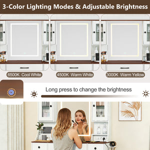 41.5 Inch Makeup Dressing Table with Power Outlets and 3 Color Lighting Modes-White+