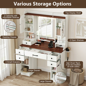 41.5 Inch Makeup Dressing Table with Power Outlets and 3 Color Lighting Modes-White+
