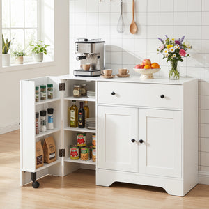 41.5â€ Modern Coffee Bar Cabinet with 3 Doors and Rolling Wheel-White