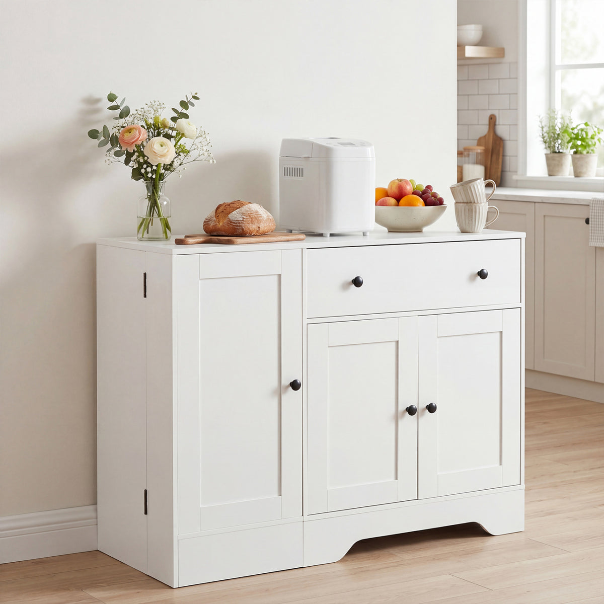 41.5â€ Modern Coffee Bar Cabinet with 3 Doors and Rolling Wheel-White