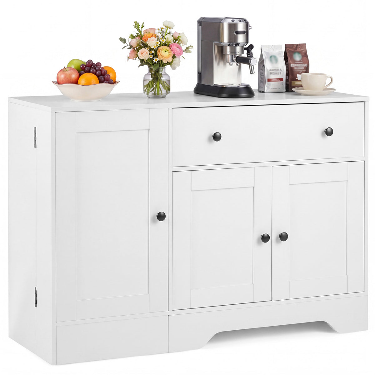 41.5â€ Modern Coffee Bar Cabinet with 3 Doors and Rolling Wheel-White