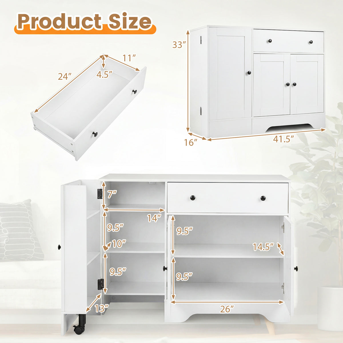 41.5â€ Modern Coffee Bar Cabinet with 3 Doors and Rolling Wheel-White