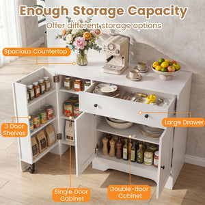 41.5â€ Modern Coffee Bar Cabinet with 3 Doors and Rolling Wheel-White