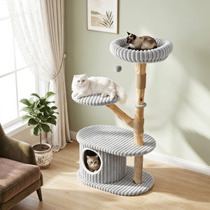 41 Inch Tall Modern Cat Tower with Real Wood Branches  Scratching Posts for Indoor-Gray