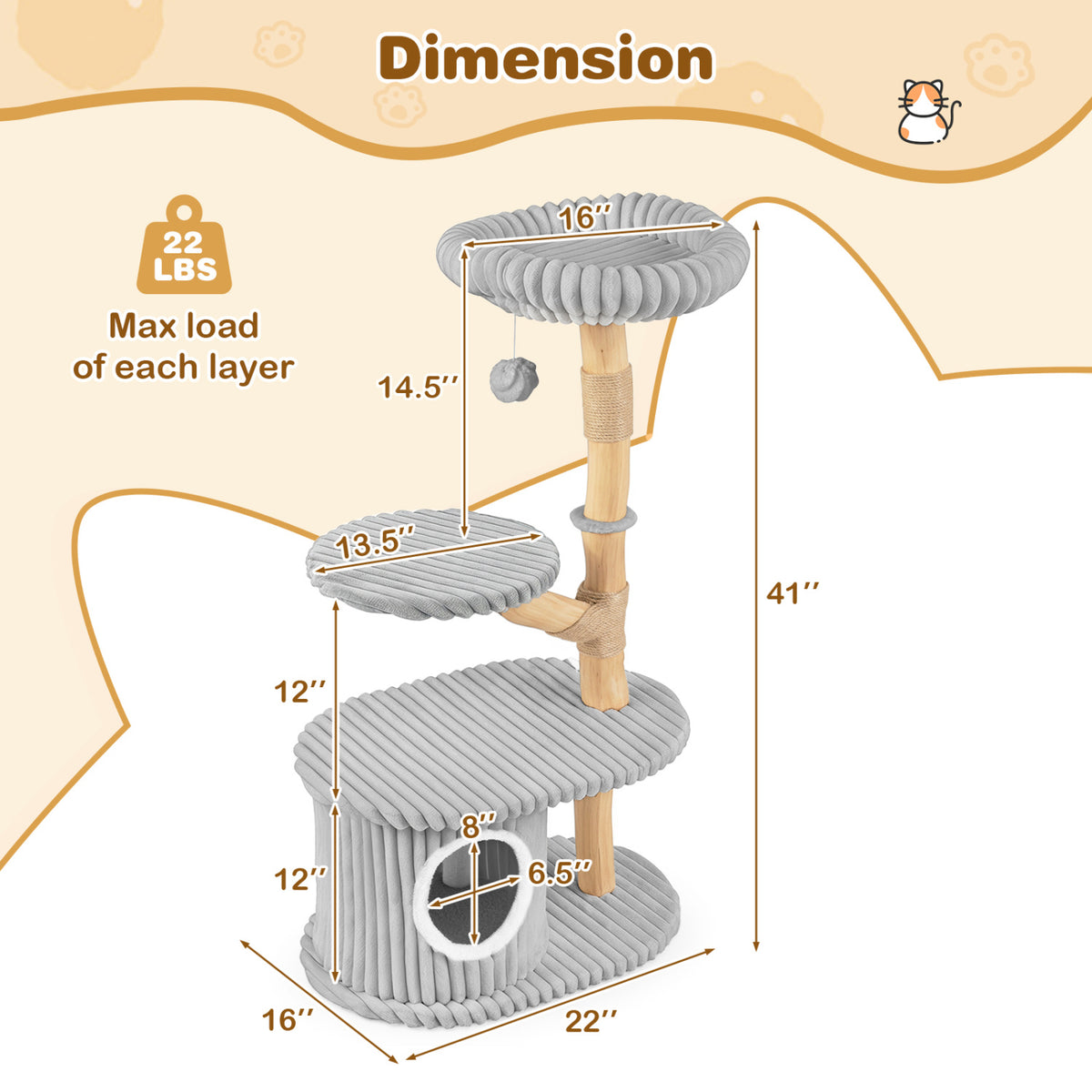 41 Inch Tall Modern Cat Tower with Real Wood Branches  Scratching Posts for Indoor-Gray