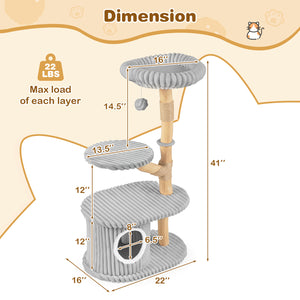 41 Inch Tall Modern Cat Tower with Real Wood Branches  Scratching Posts for Indoor-Gray
