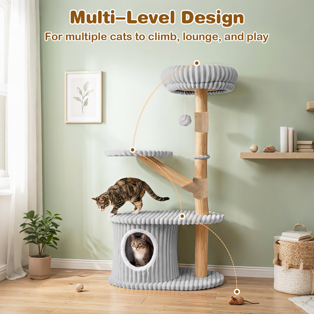 41 Inch Tall Modern Cat Tower with Real Wood Branches  Scratching Posts for Indoor-Gray