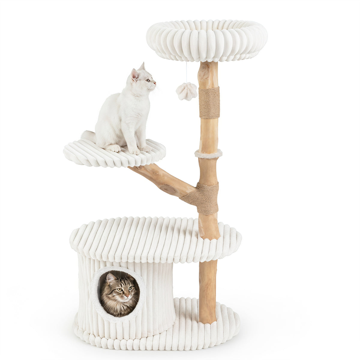 41 Inch Tall Modern Cat Tower with Real Wood Branches  Scratching Posts for Indoor-Beige