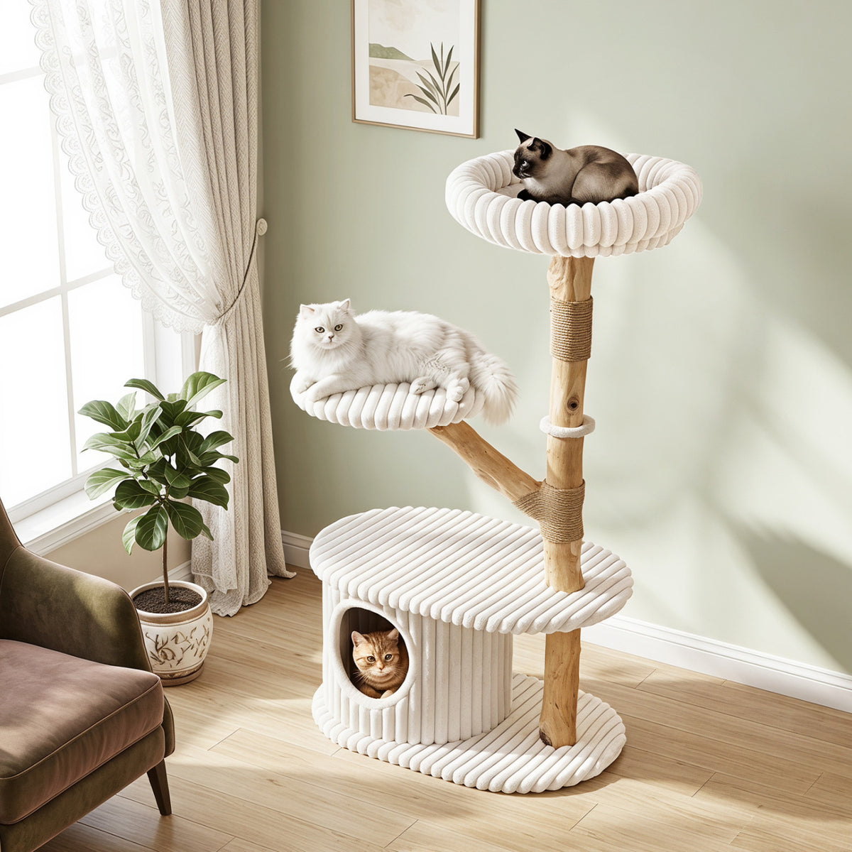 41 Inch Tall Modern Cat Tower with Real Wood Branches  Scratching Posts for Indoor-Beige