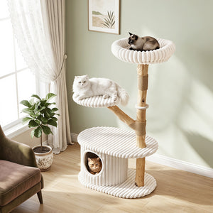 41 Inch Tall Modern Cat Tower with Real Wood Branches  Scratching Posts for Indoor-Beige