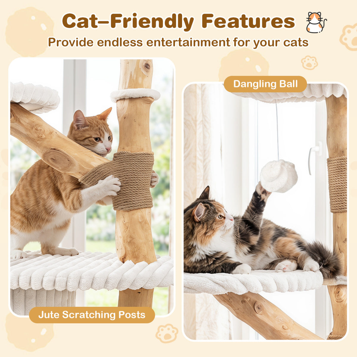 41 Inch Tall Modern Cat Tower with Real Wood Branches  Scratching Posts for Indoor-Beige