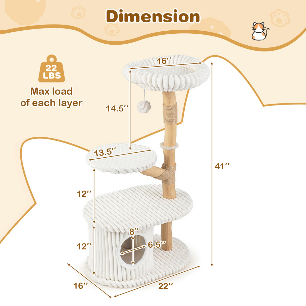 41 Inch Tall Modern Cat Tower with Real Wood Branches  Scratching Posts for Indoor-Beige
