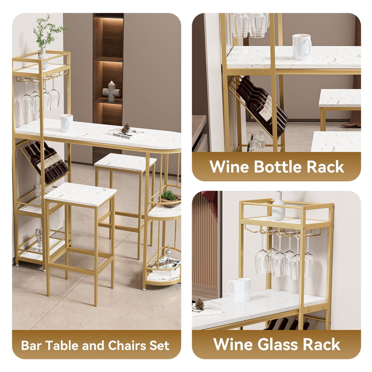 3 Piece Bar Table And Chairs Set, Modern Kitchen Bar Height Dining Table Wood Breakfast Pub Table With Base With Shelves, Glass Rack, Wine Bottle Rack, With 2 Bar Stools - White / Gold by Couch.com