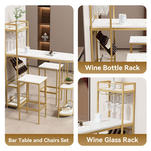 3 Piece Bar Table And Chairs Set, Modern Kitchen Bar Height Dining Table Wood Breakfast Pub Table With Base With Shelves, Glass Rack, Wine Bottle Rack, With 2 Bar Stools - White / Gold by Couch.com