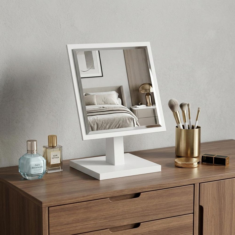 9" White Wood Square Freestanding Framed Makeup Shaving Tabletop Mirror