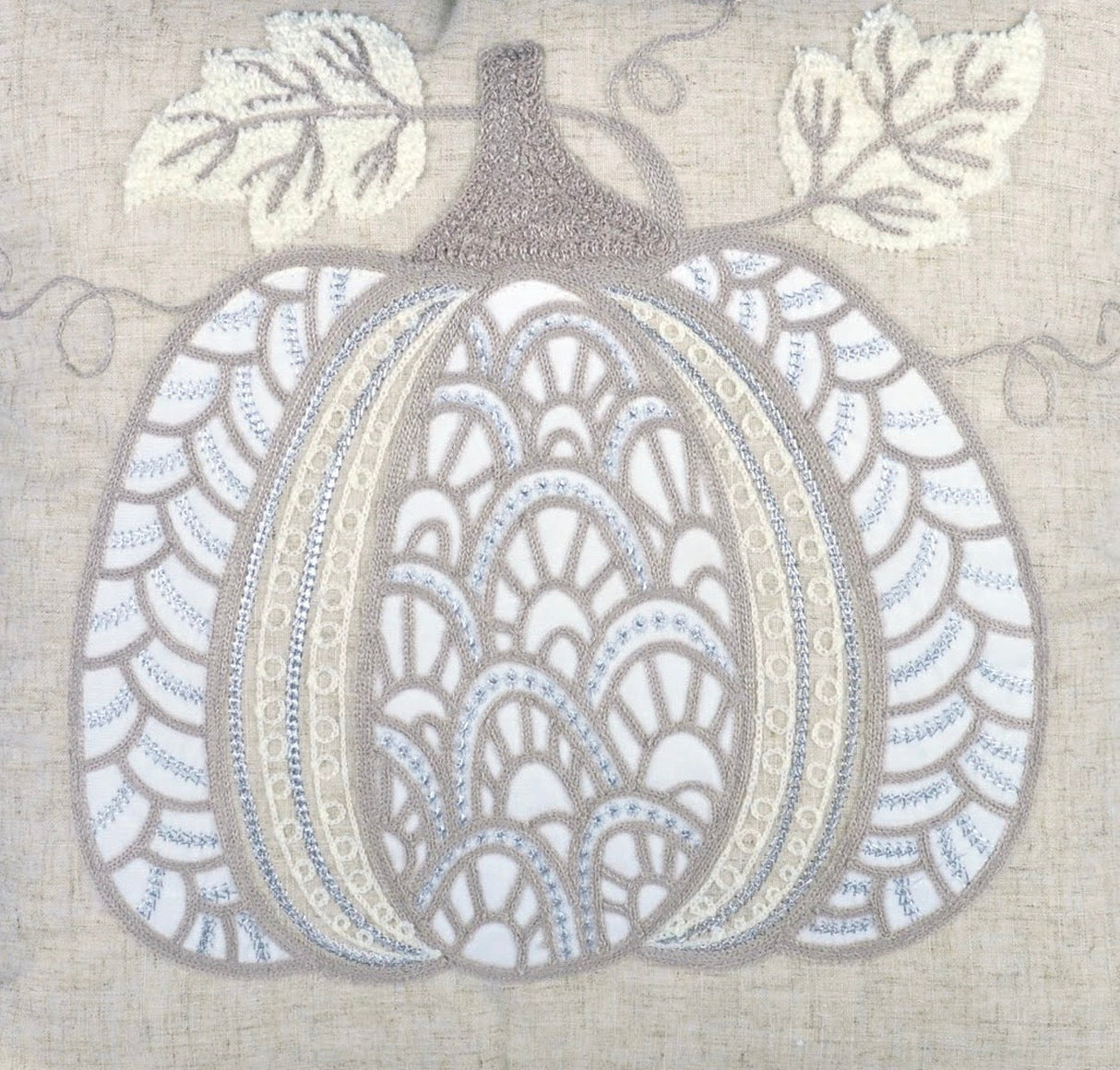 Embroidered Lace Pumpkin Accent Pillow – Neutral Fall Accent Cushion