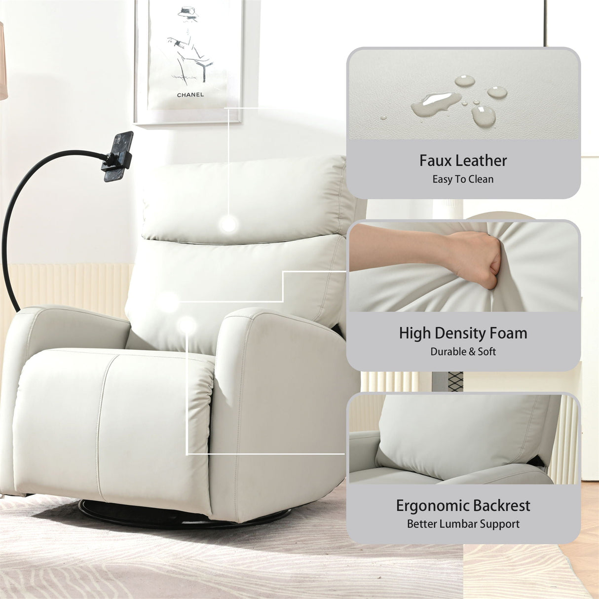Rocking Recliner Chair, 360 Degree Swivel Nursery Rocking Chair, Glider Chair, Modern Small Rocking Swivel Recliner Chair For Bedroom, Living Room Chair Home Theater Seat, Phone Holder by Couch.com