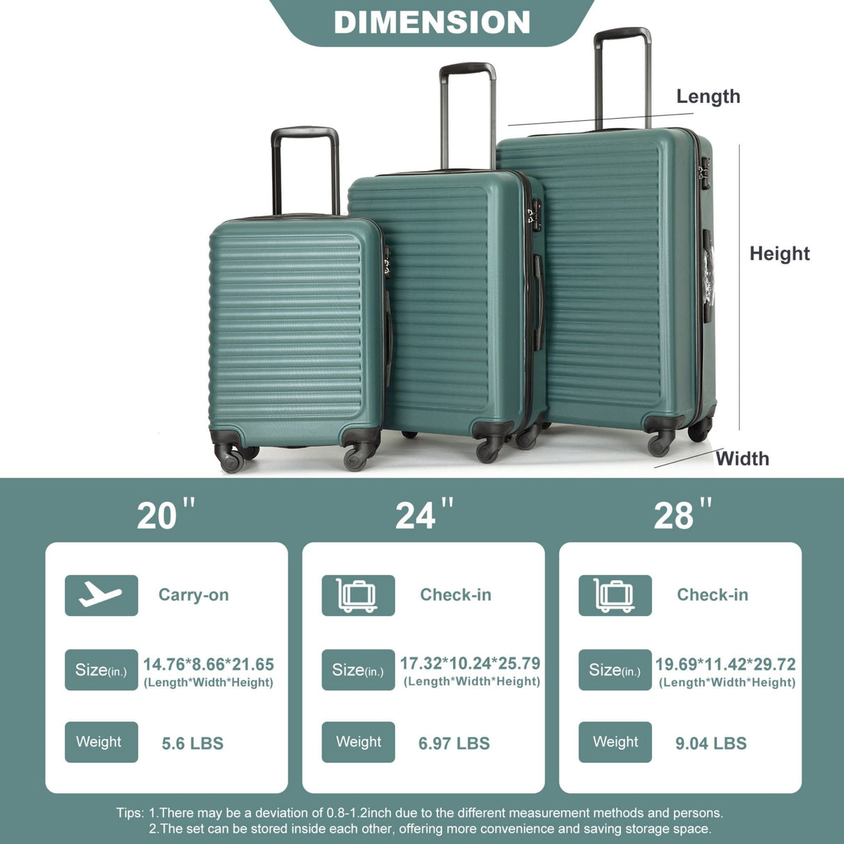 3 Piece Luggage Sets Lightweight Suitcase With Two Hooks, Spinner Wheels, Tsa Lock by Couch.com