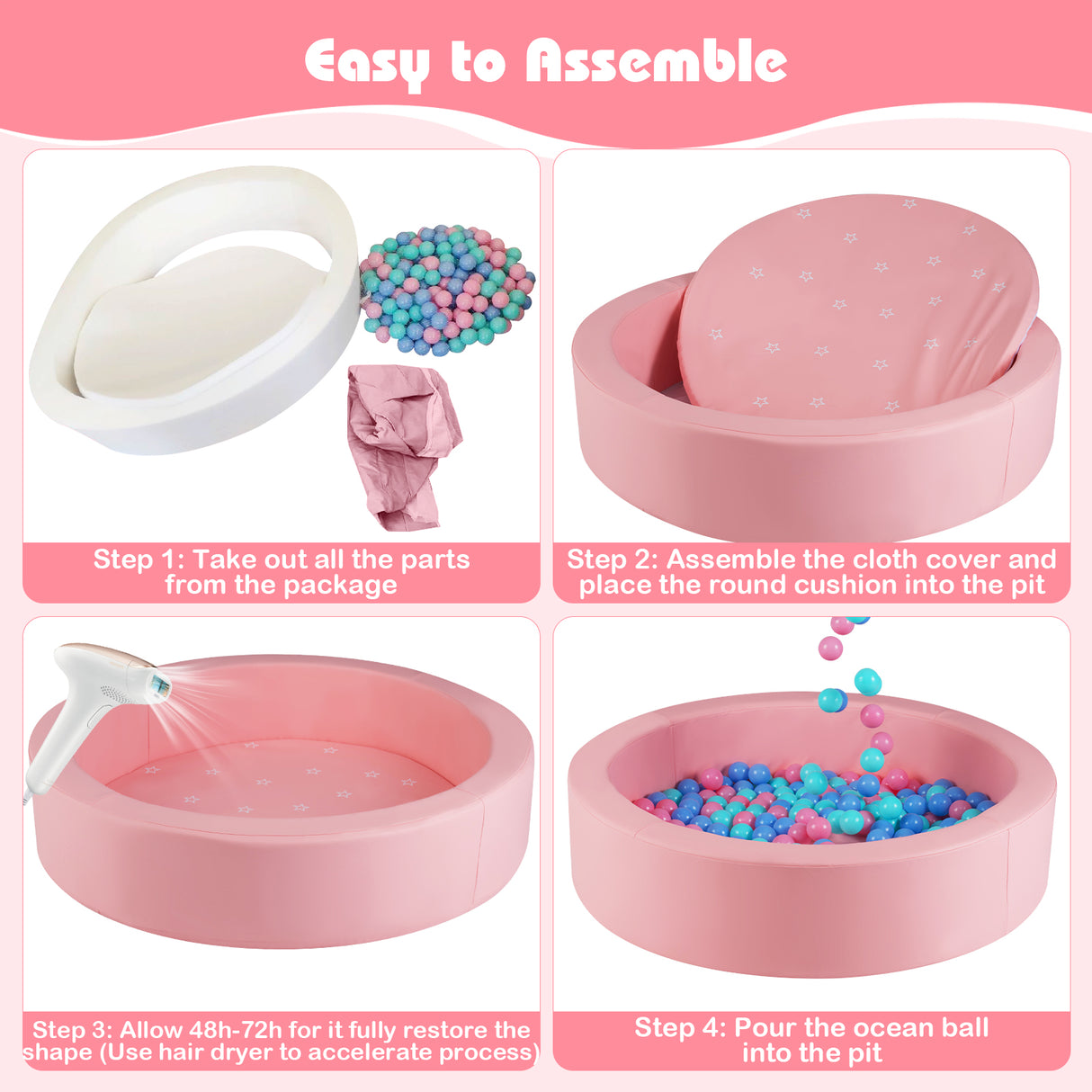 42.5 Inch Round Foam Ball Pits with 25D Sponge Filling and Washable PU Cover for Toddlers-Pink