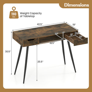 42.5" Mid Century Modern Writing Desk with Metal Leg and Drawers-Rustic Brown