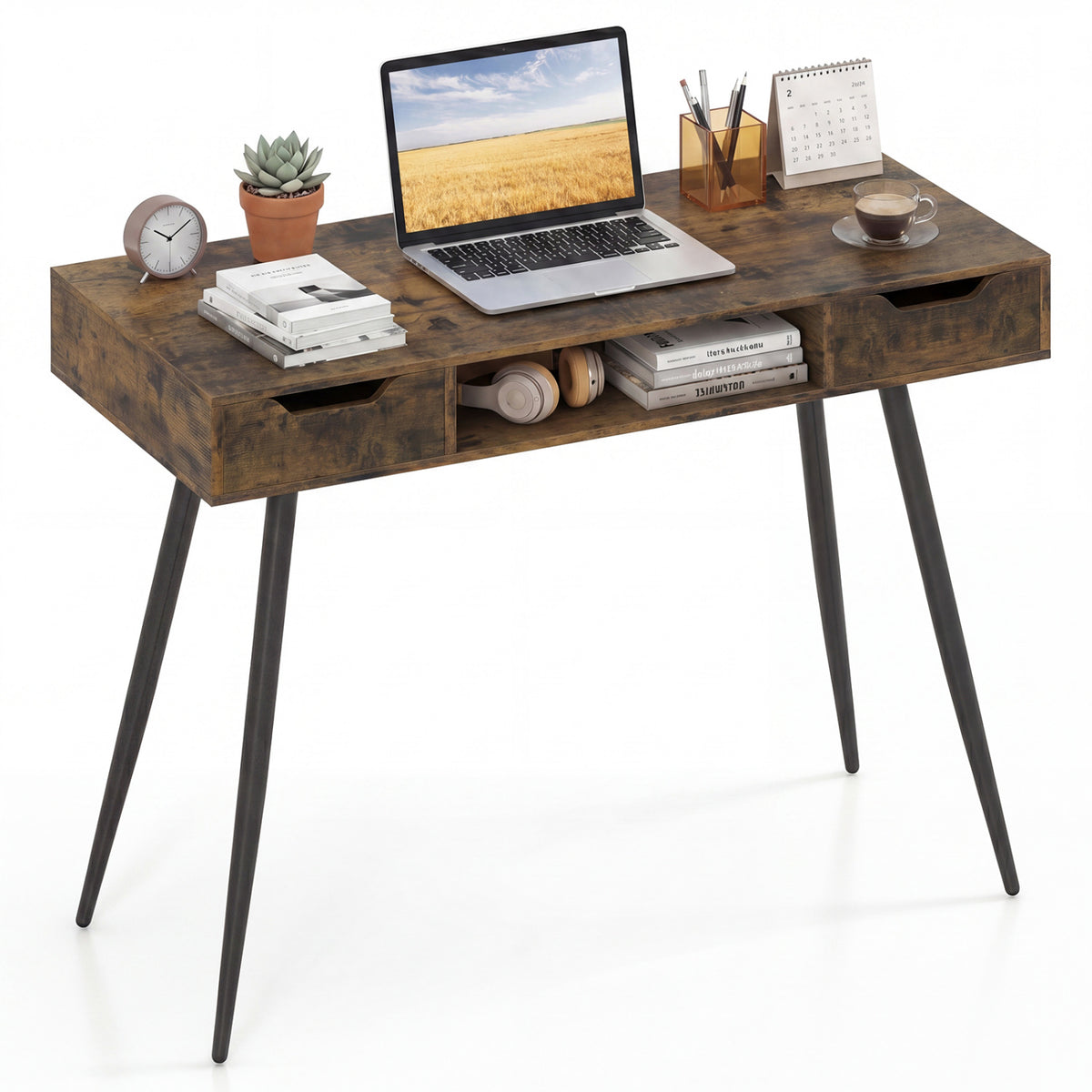 42.5" Mid Century Modern Writing Desk with Metal Leg and Drawers-Rustic Brown