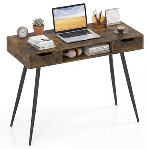 42.5" Mid Century Modern Writing Desk with Metal Leg and Drawers-Rustic Brown