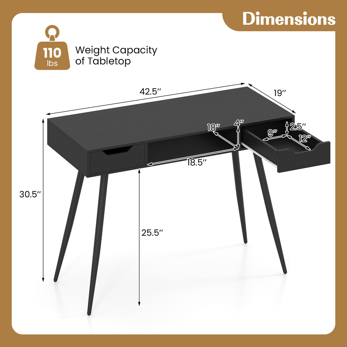 42.5" Mid Century Modern Writing Desk with Metal Leg and Drawers-Black