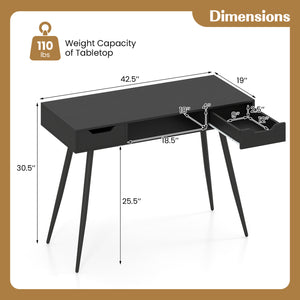 42.5" Mid Century Modern Writing Desk with Metal Leg and Drawers-Black