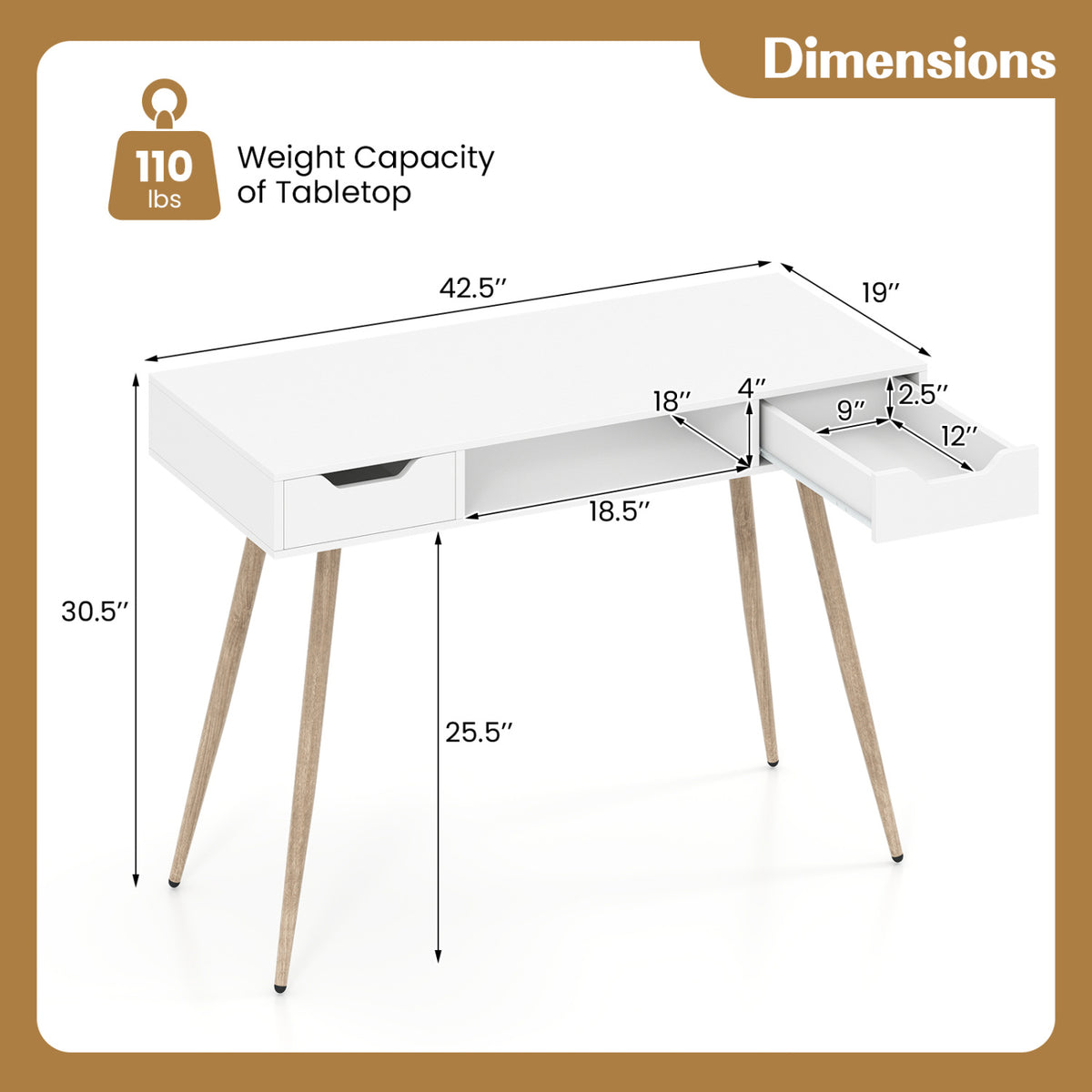 42.5" Mid Century Modern Writing Desk with Metal Leg and Drawers-White