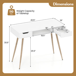42.5" Mid Century Modern Writing Desk with Metal Leg and Drawers-White