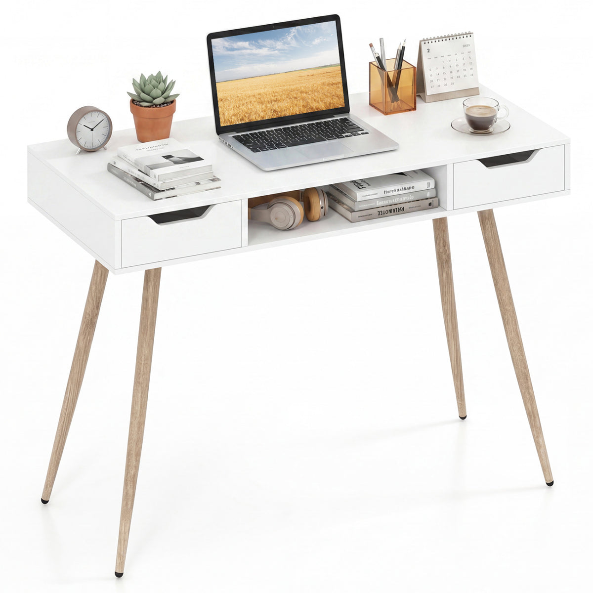 42.5" Mid Century Modern Writing Desk with Metal Leg and Drawers-White