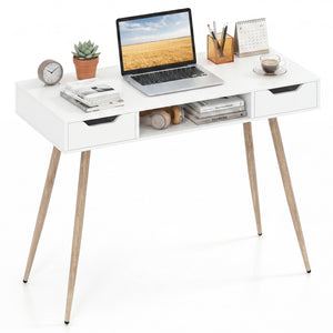 42.5" Mid Century Modern Writing Desk with Metal Leg and Drawers-White