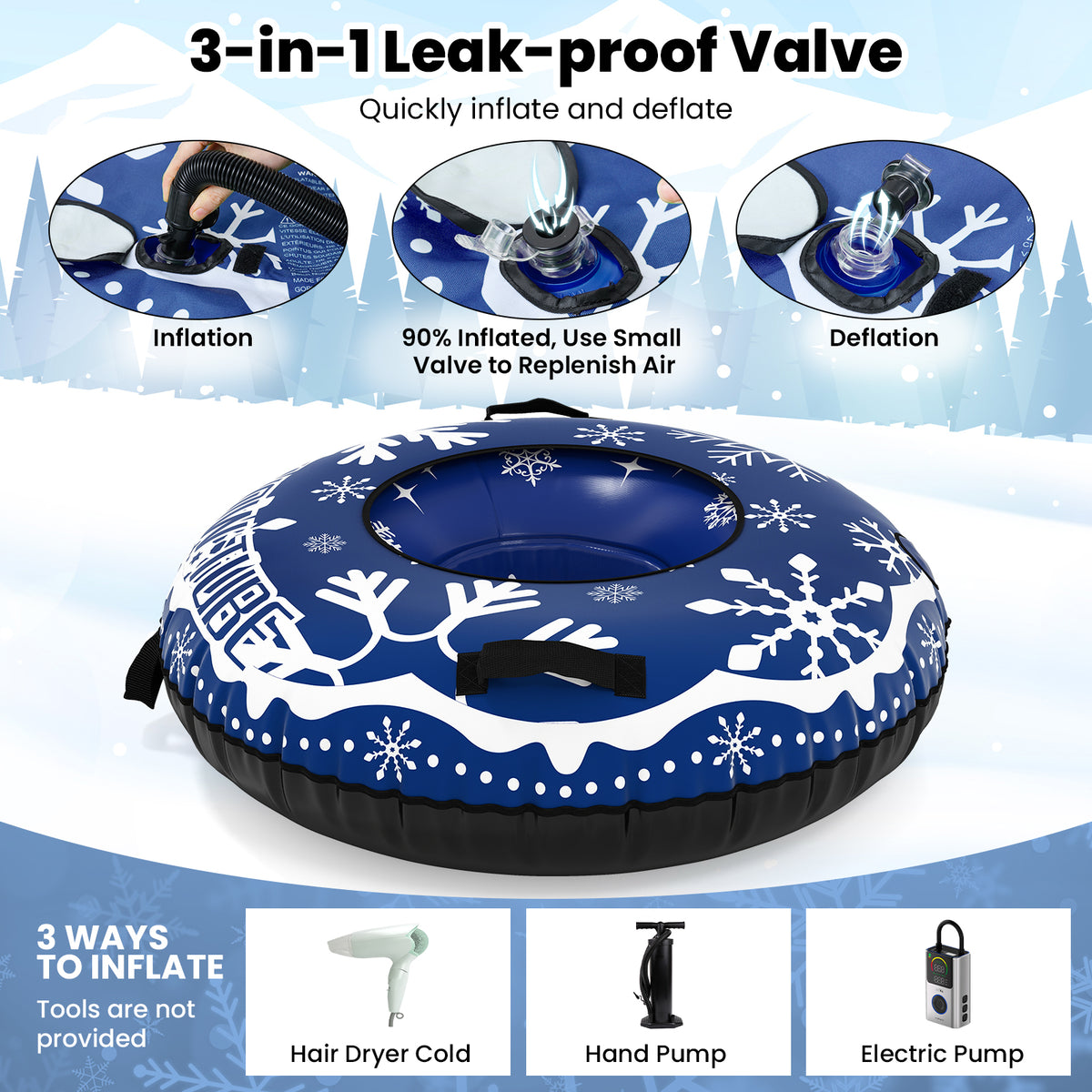42" Heavy-duty Inflatable Snow Tube with Detachable Tow Strap-Blue