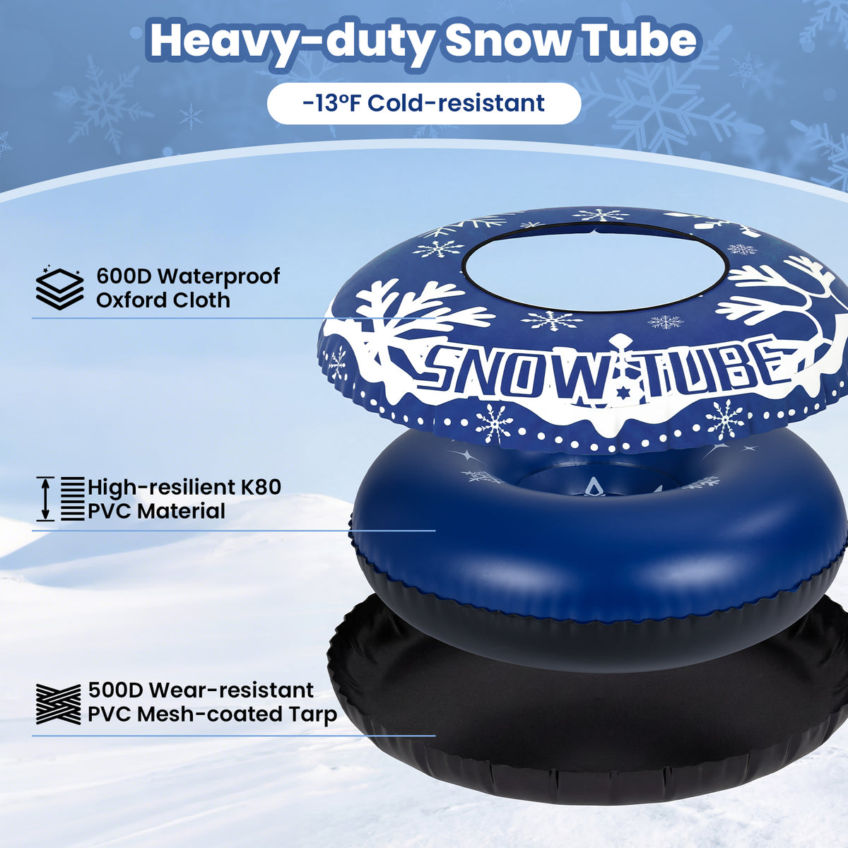 42" Heavy-duty Inflatable Snow Tube with Detachable Tow Strap-Blue