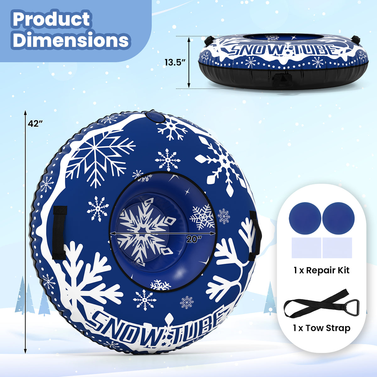 42" Heavy-duty Inflatable Snow Tube with Detachable Tow Strap-Blue
