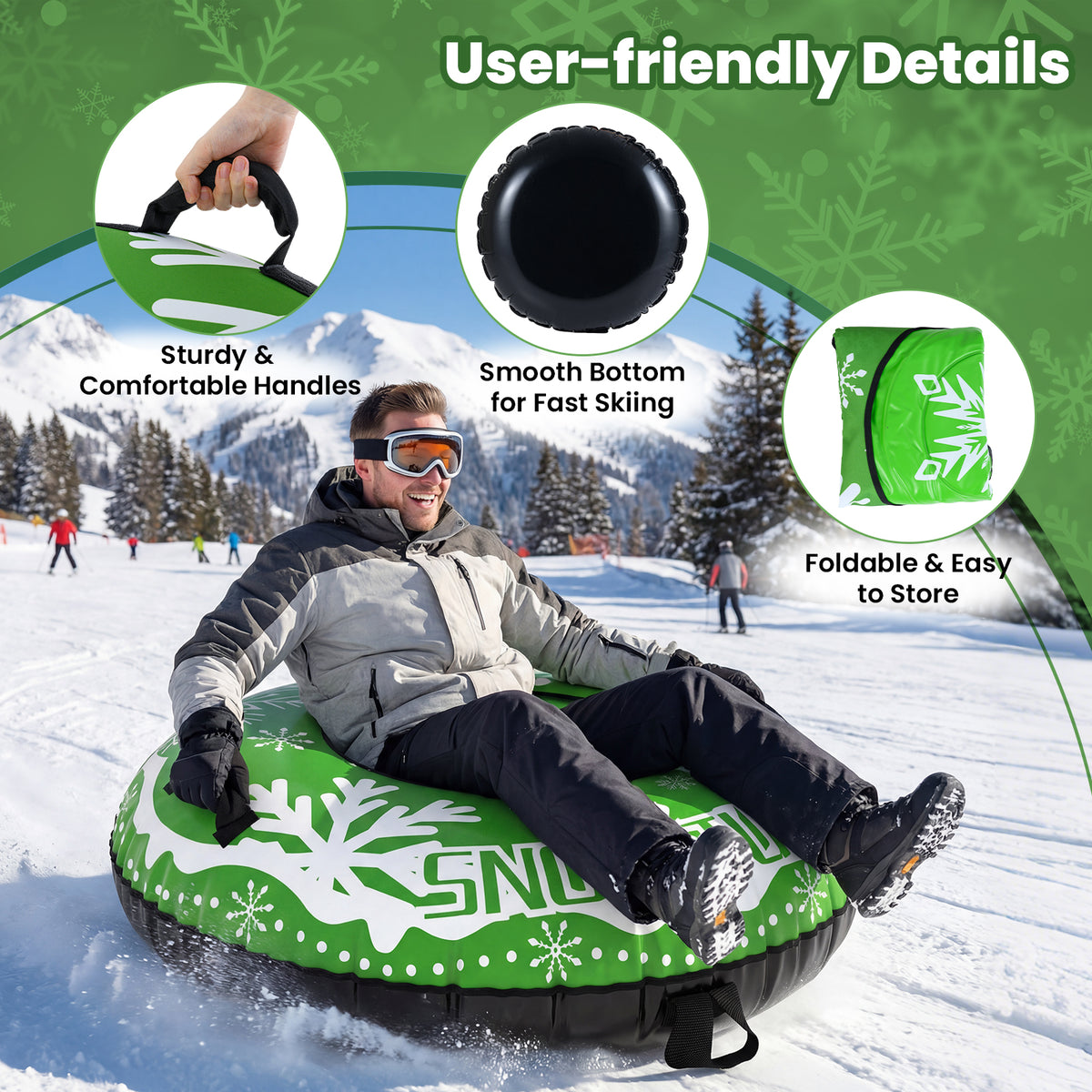 42" Heavy-duty Inflatable Snow Tube with Detachable Tow Strap-Green