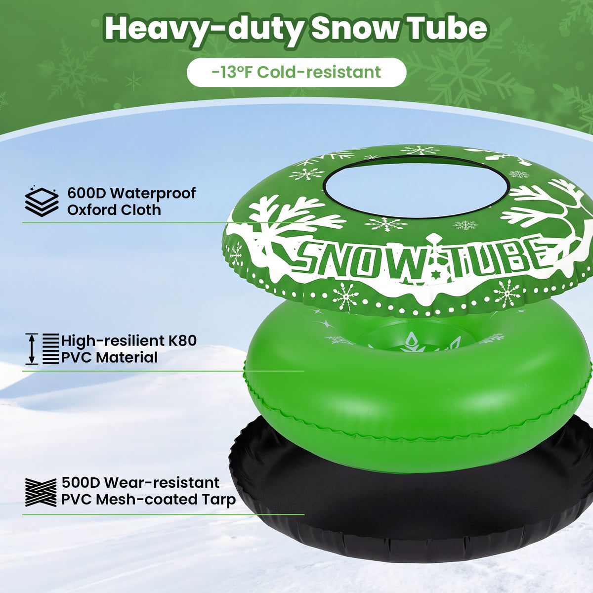 42" Heavy-duty Inflatable Snow Tube with Detachable Tow Strap-Green