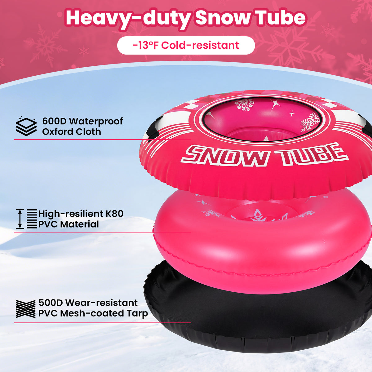 42" Heavy-duty Inflatable Snow Tube with Detachable Tow Strap-Pink