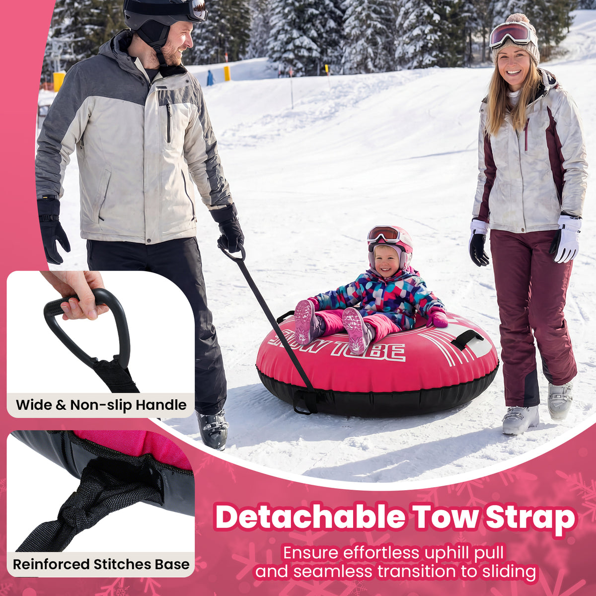 42" Heavy-duty Inflatable Snow Tube with Detachable Tow Strap-Pink