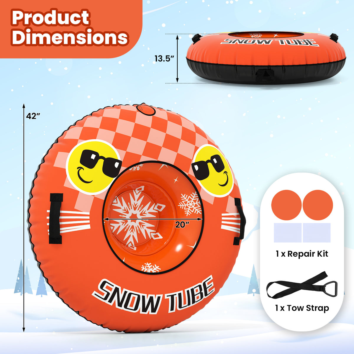 42" Heavy-duty Inflatable Snow Tube with Detachable Tow Strap-Orange
