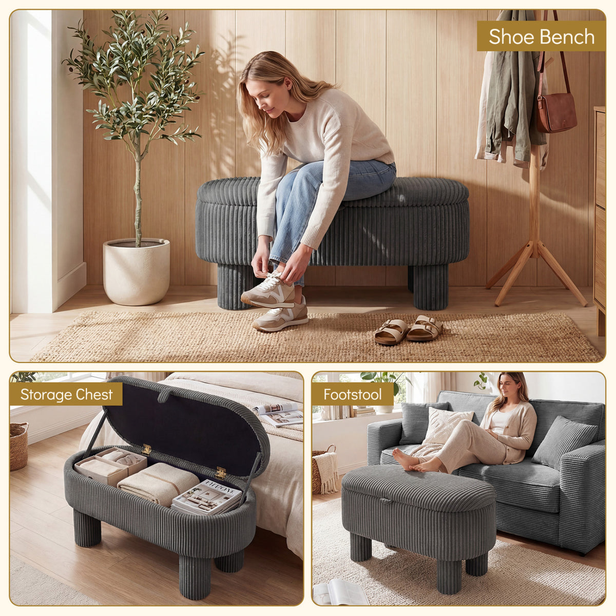42 Inch Storage Ottoman Bench Corduroy Fabric Upholstered Foot Stool-Gray