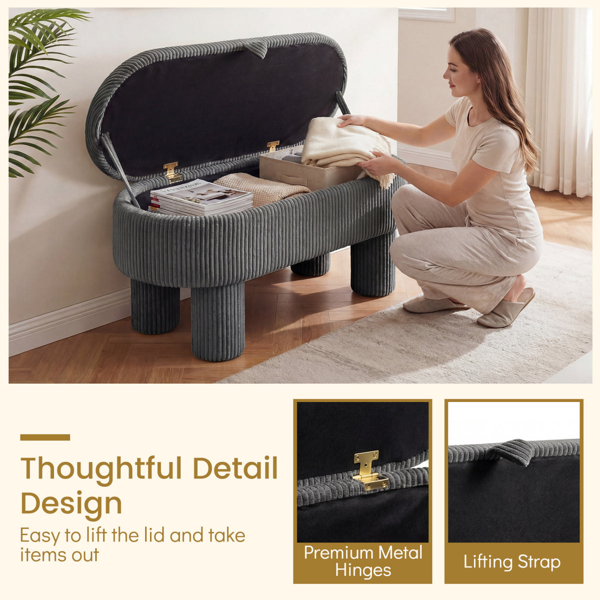 42 Inch Storage Ottoman Bench Corduroy Fabric Upholstered Foot Stool-Gray