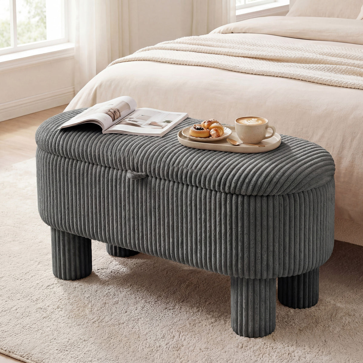 42 Inch Storage Ottoman Bench Corduroy Fabric Upholstered Foot Stool-Gray