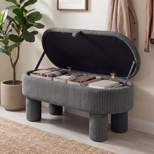 42 Inch Storage Ottoman Bench Corduroy Fabric Upholstered Foot Stool-Gray