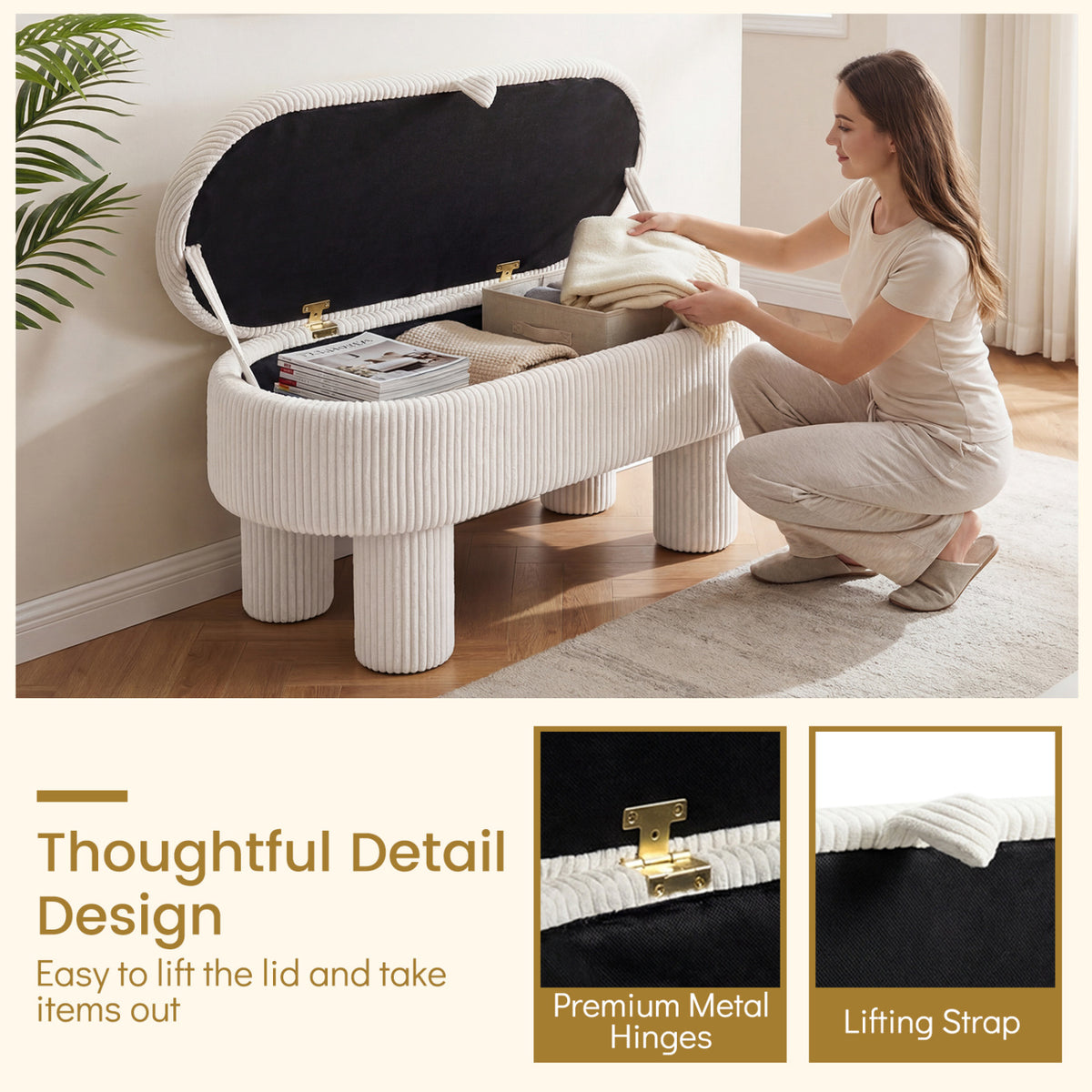 42 Inch Storage Ottoman Bench Corduroy Fabric Upholstered Foot Stool-Beige