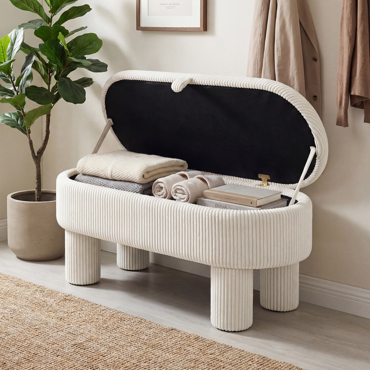 42 Inch Storage Ottoman Bench Corduroy Fabric Upholstered Foot Stool-Beige