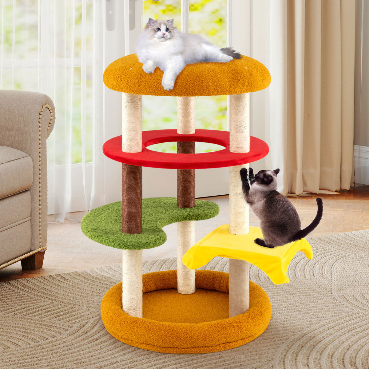 42 Inch Tall Modern Cat Tree Multi-Level with Padded Perch and Cat Bed-Yellow