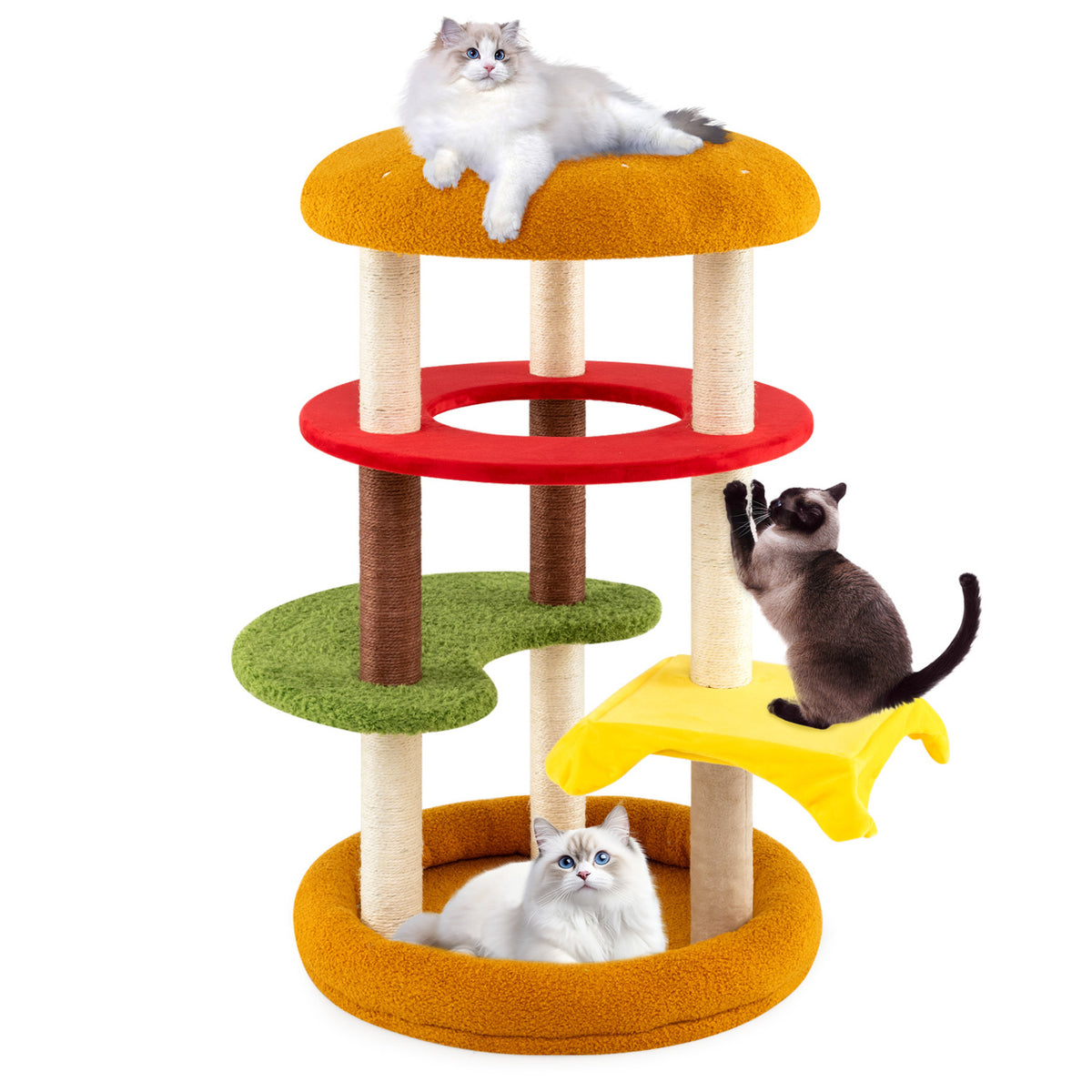 42 Inch Tall Modern Cat Tree Multi-Level with Padded Perch and Cat Bed-Yellow