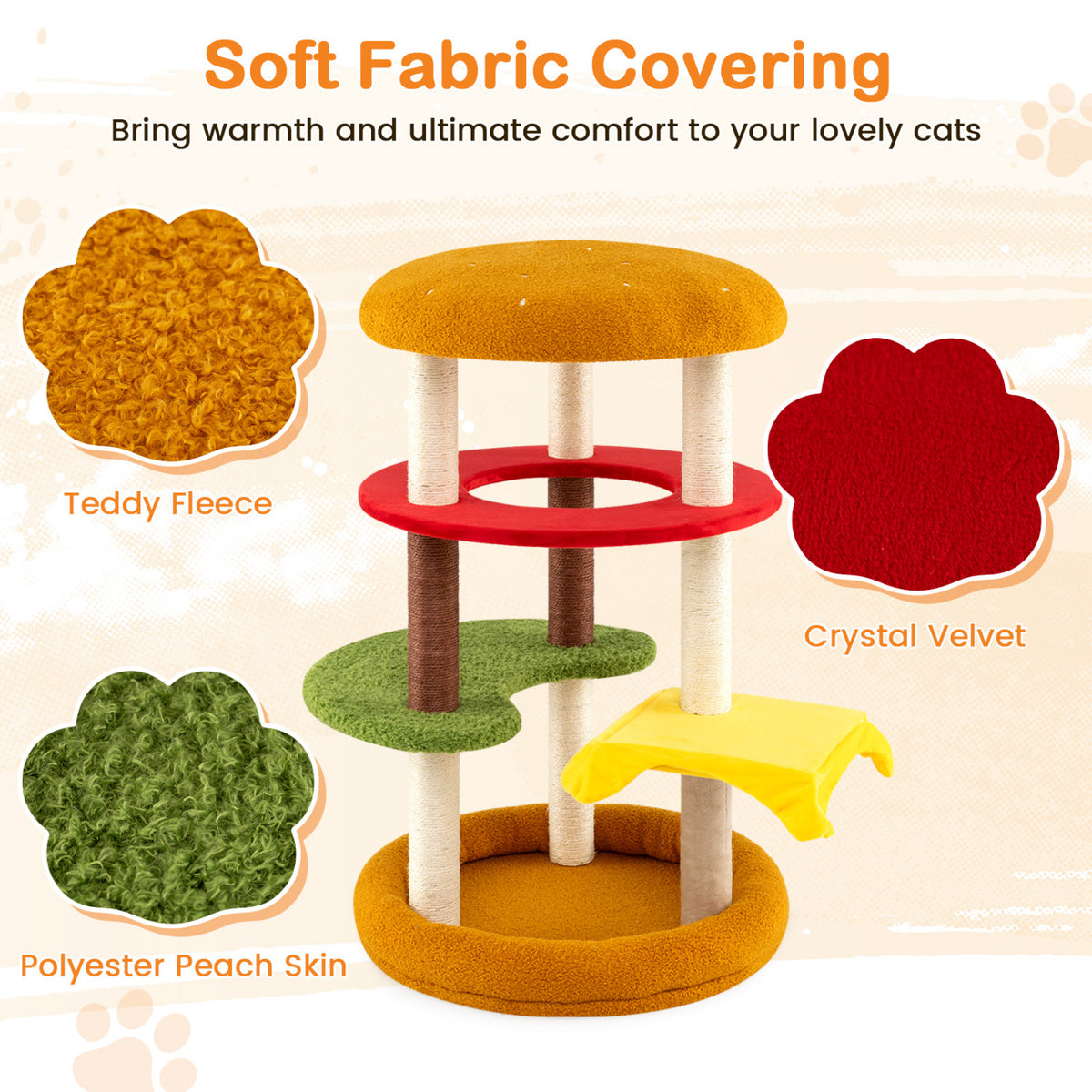 42 Inch Tall Modern Cat Tree Multi-Level with Padded Perch and Cat Bed-Yellow